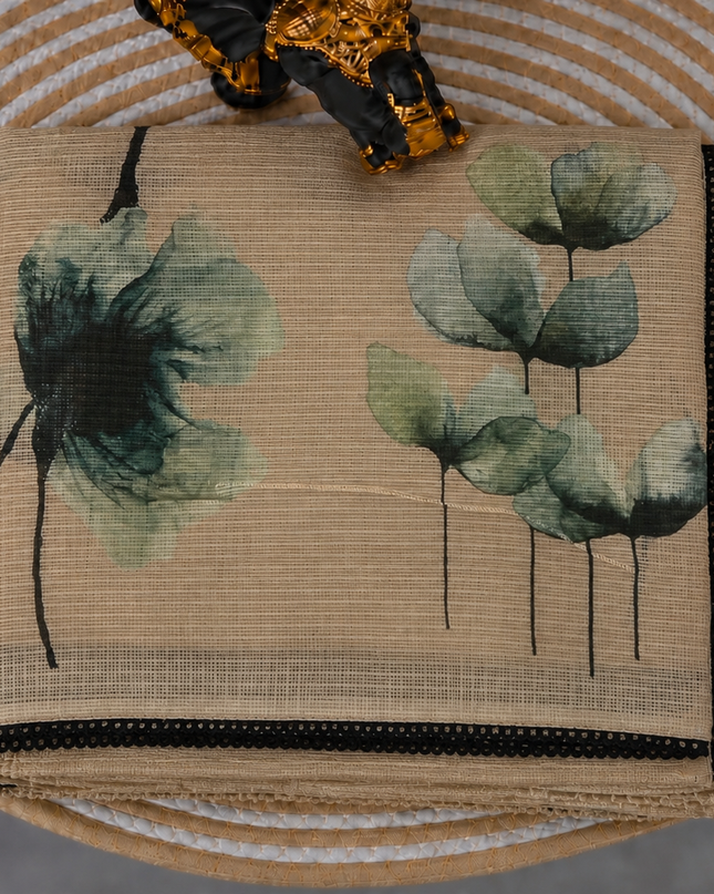 Silk Kota Saree with Floral Print and Lace  Border-  Beige