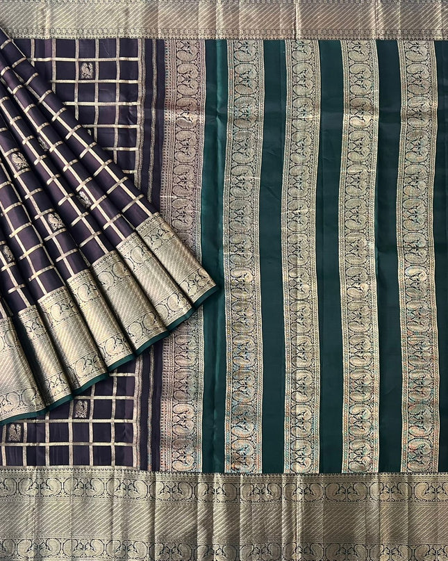 Pure Pattu Saree With Gold Cheks Weaving and  Peacock Buttes and Golden Border-  Black
