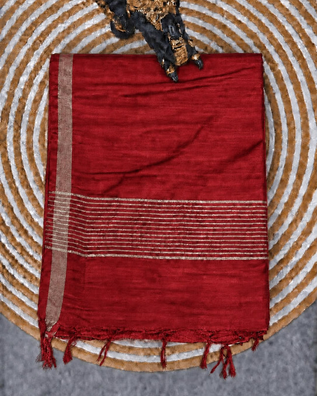 Tusser Saree with Checks Design and contrast Border -  Red