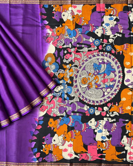 Pure Silk Kota Saree With pichwai Print and Small Kanchi Border - Violet