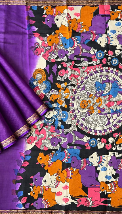 Pure Silk Kota Saree With pichwai Print and Small Kanchi Border - Violet