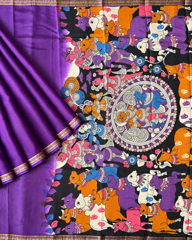 Pure Silk Kota Saree With pichwai Print and Small Kanchi Border - Violet