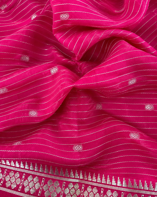 Munga Silk Saree With All over Oosi Design and Small Gold Butties  Contrast Border- Green & Pink