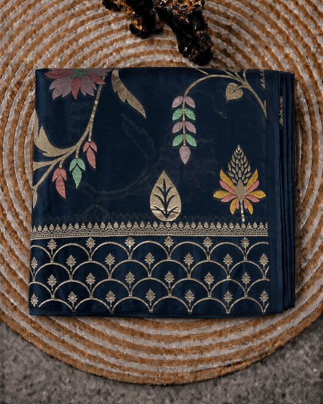 Kaddi Georgette saree with all over Floral Minakari Weaving  -  Peacockblue