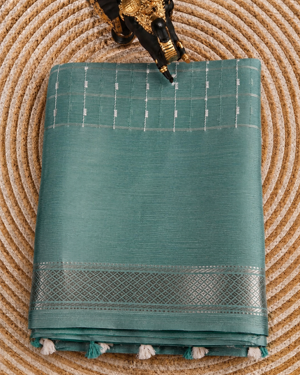 Mangaligiri Silk  Saree with  Thread  Weaving Checks Design and Golden Zari Temple  Border -  Sea Green