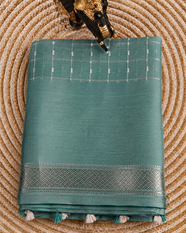 Mangaligiri Silk  Saree with  Thread  Weaving Checks Design and Golden Zari Temple  Border -  Sea Green