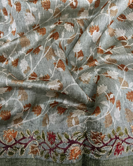 Tusser Silk Saree With Ari work and Floral Print and Contrast  Border - Light Green