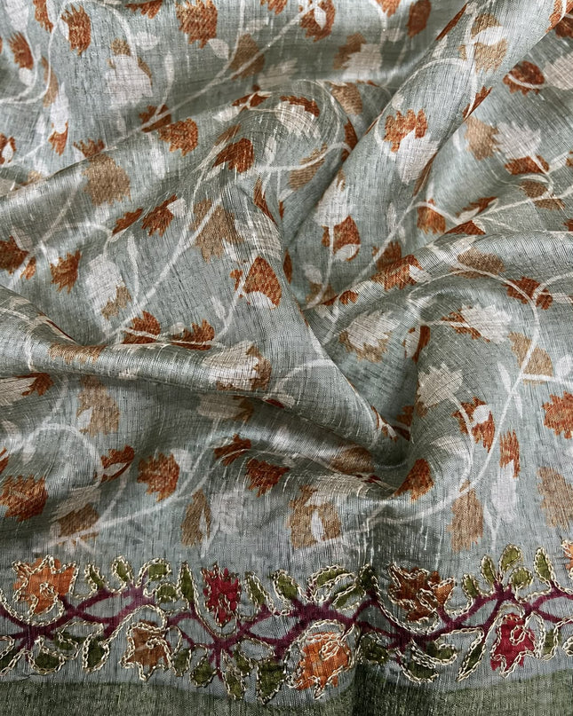 Tusser Silk Saree With Ari work and Floral Print and Contrast  Border - Light Green