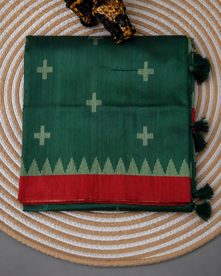 Tusser Jamdani Saree Weaving Butties  With Contrast Border-  Bottle Green