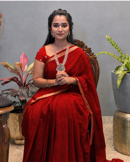 Crepe Saree with Golden Zari contrast Border -Red