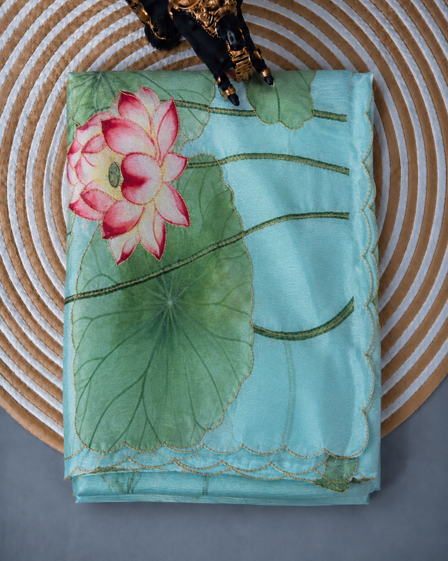 Soft Crush Floral Print With Ari Work and Scallop Border - Sky Blue