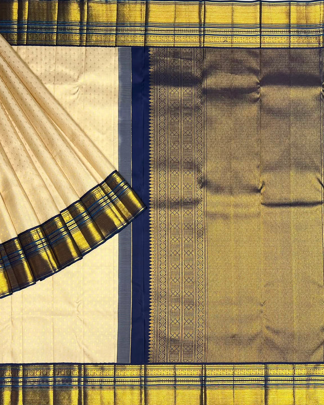 Pure Kanchi Pattu Saree With Allover Small Golden Butties and Contrast Border - Off White