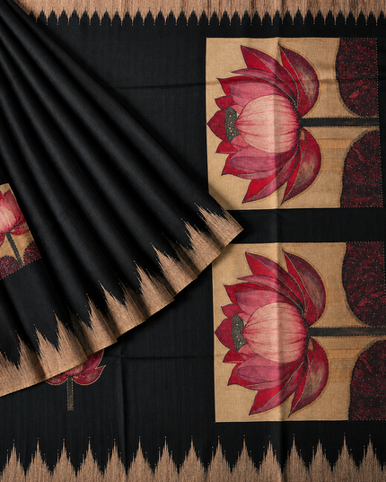 Chanderi Saree Lotus Butties Temple Design Border-Black