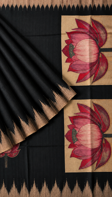 Chanderi Saree Lotus Butties Temple Design Border-Black