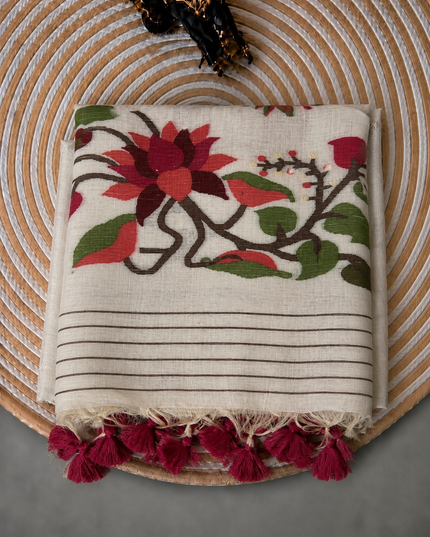 Cotton Chanderi Jamdani Saree with Self Weaving Floral Design - Off White