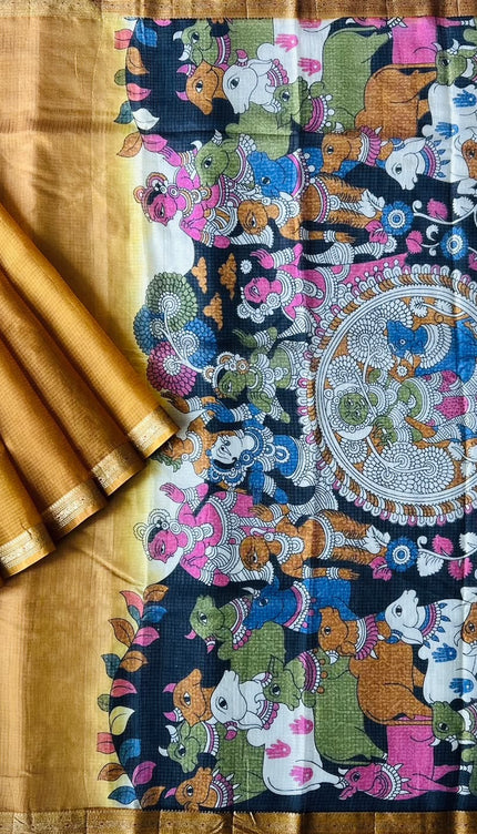 Pure Silk Kota Saree With pichwai Print and Small Kanchi Border -  Mustard