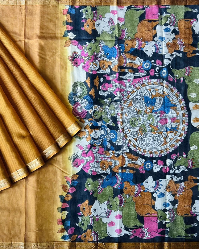 Pure Silk Kota Saree With pichwai Print and Small Kanchi Border -  Mustard