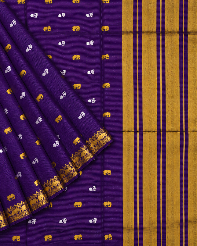 Munga Silk Saree With Gold and Silver Peacock and Elephant Butties Golden  Zari Elephant Design  Border - Purple