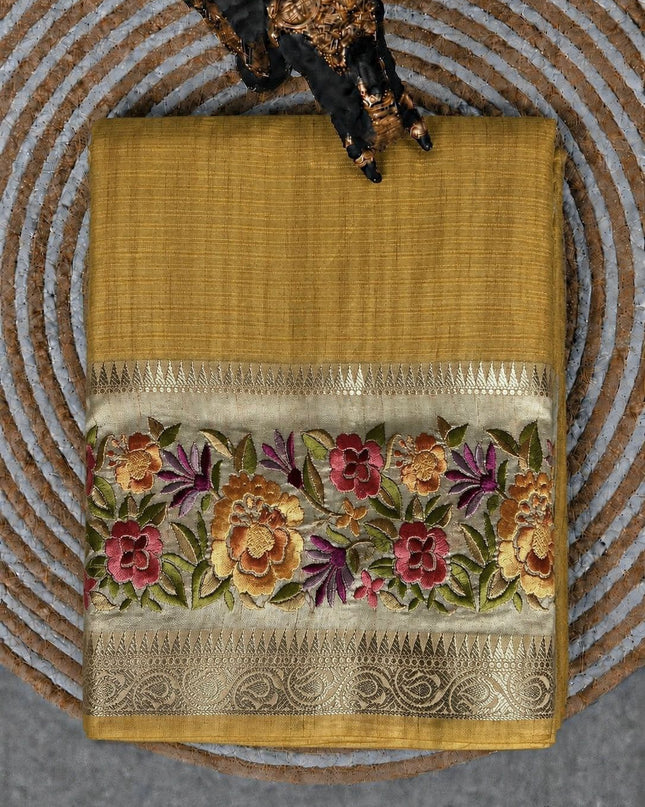 Kora Tusser saree Gap Border with Parce  Work Border - Mustard