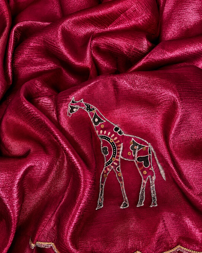 Soft  Orznga  Saree With Applique work and scallop Border-  Pink
