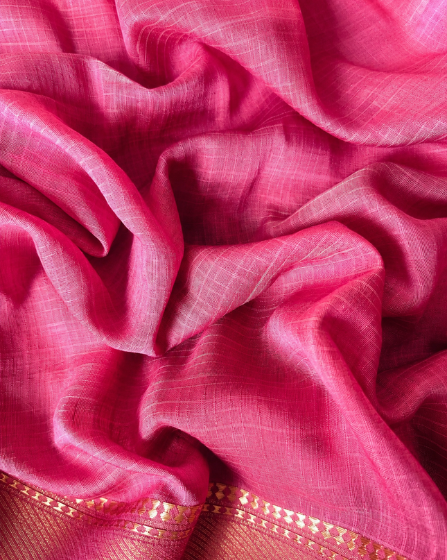 Munga Silk Saree With Floral Print and Kaddi Border - Pink