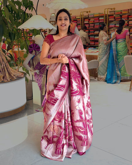 Heritage Banaras Saree With Gold and Silver Zari Weaving Lotus Design -Purple