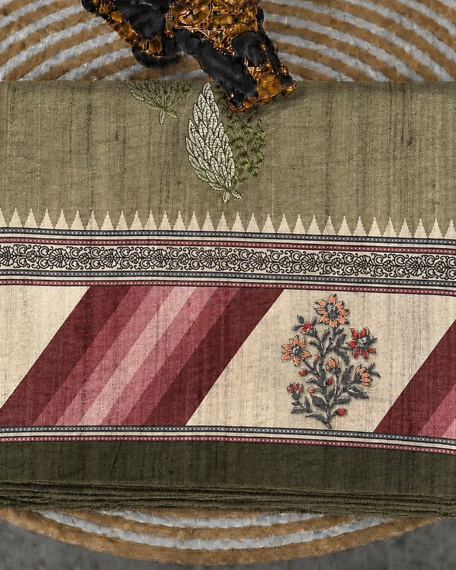Tusser Saree With All Over Thread Embroidery  Work Flower Print Border - Mehandi Green