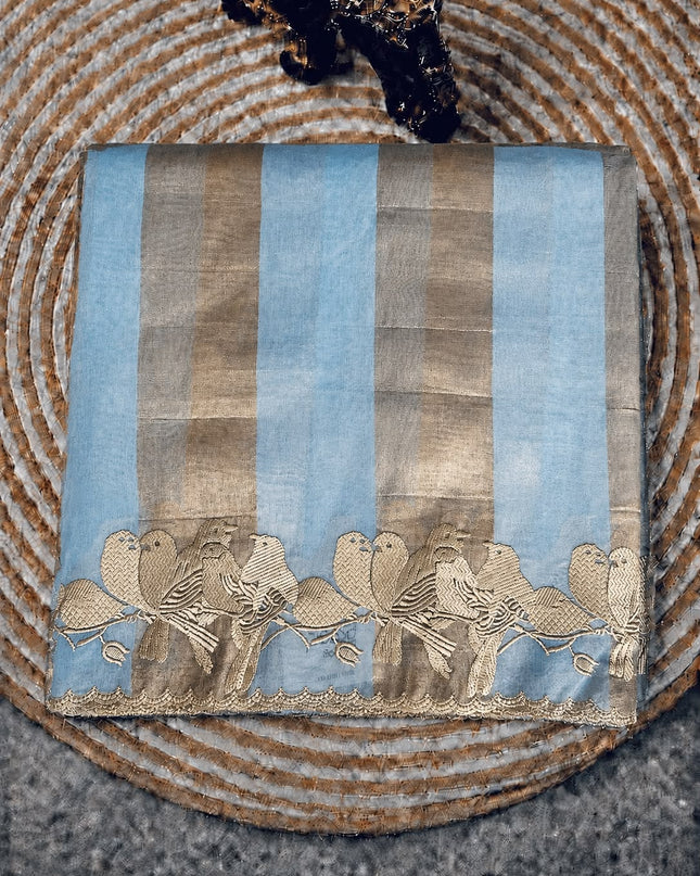 Soft Orznga  Saree With Tissue Stripes and Thread Embroidery Work Scallop Border  - Light Blue