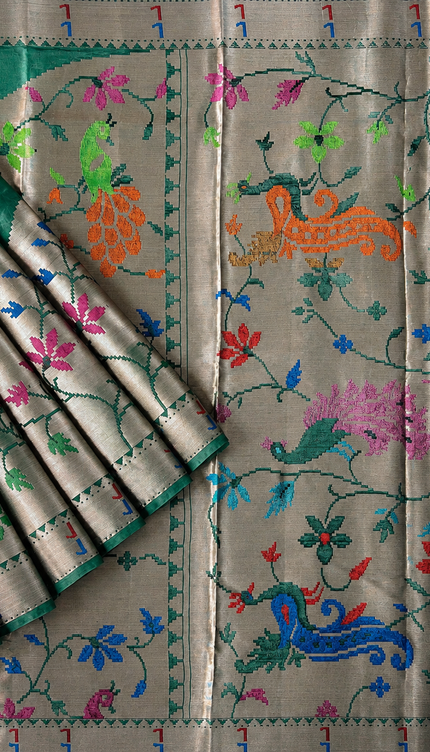 Chanderi  Silk Saree with All over Jamdani weaving style and Muniya border - Bottle Green