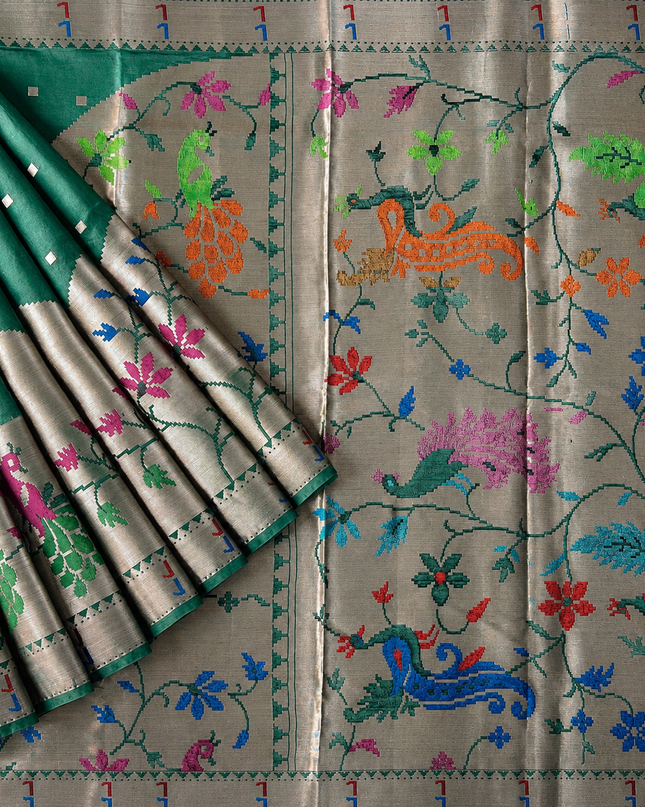 Chanderi  Silk Saree with All over Jamdani weaving style and Muniya border - Bottle Green