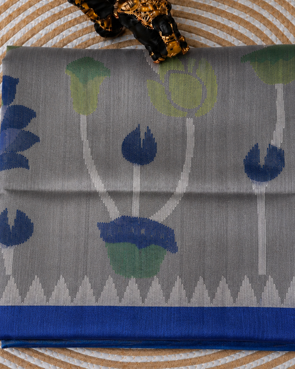Tusser Jamdani Saree With  Contrast Border- Grey