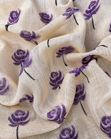 Linen Saree with Floral Print and Kardhana Work  - Beige &  purple
