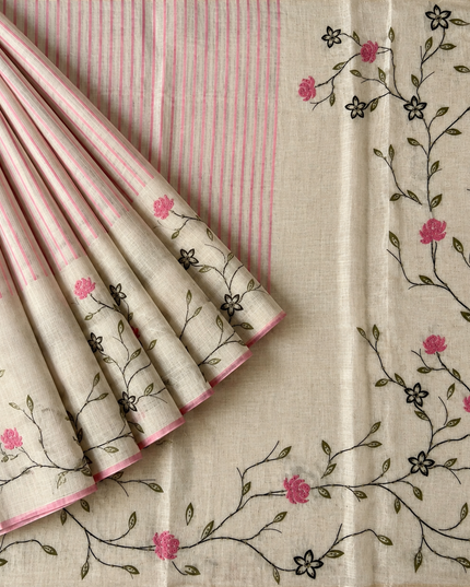 Linen Saree with Floral Print and Kardhana Work - Beige &Pink