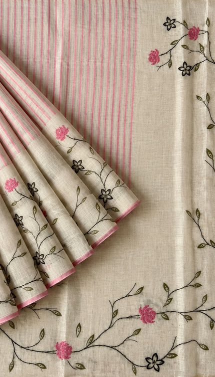 Linen Saree with Floral Print and Kardhana Work - Beige &Pink