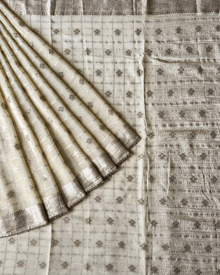 Chinon Crepe Saree With Golden Checks Buttes and Pearl Work Lace Work Border - Cream
