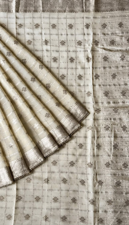 Chinon Crepe Saree With Golden Checks Buttes and Pearl Work Lace Work Border - Cream