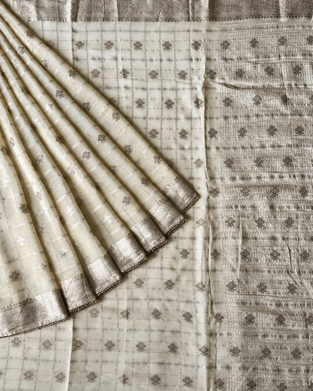 Chinon Crepe Saree With Golden Checks Buttes and Pearl Work Lace Work Border - Cream