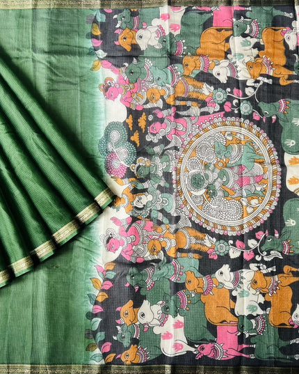 Pure Silk Kota Saree With pichwai Print and Small Kanchi Border - Bottle Green
