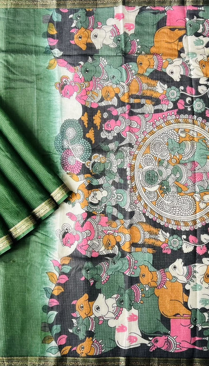 Pure Silk Kota Saree With pichwai Print and Small Kanchi Border - Bottle Green