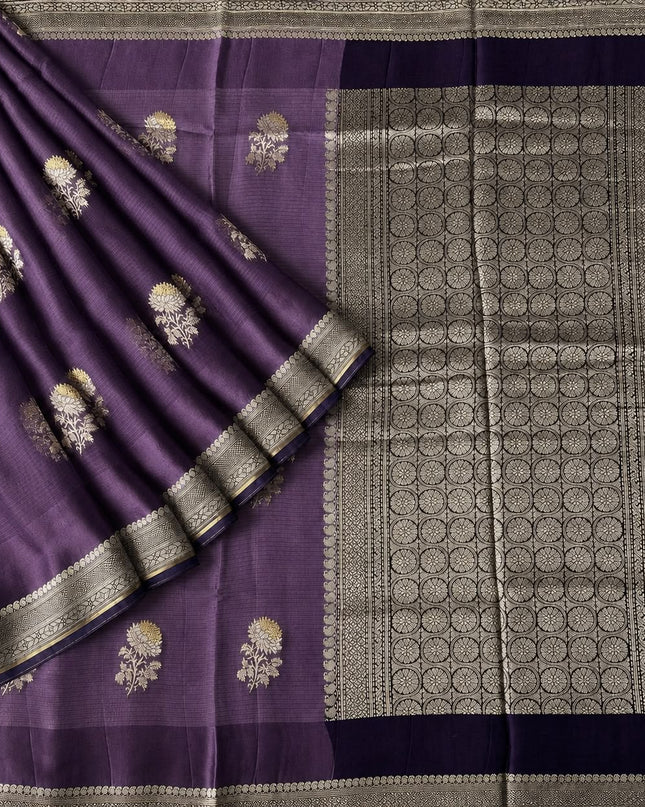Kota Silk saree with Golden Buttes and Satin Borer Floral Print -  Purple