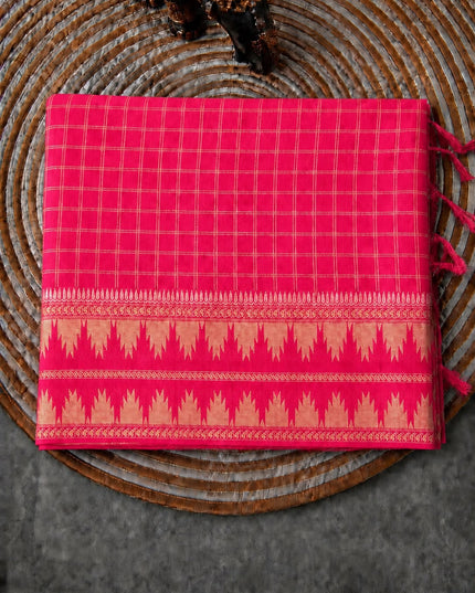Green Silk Saree with Checks Design And Temple Design Border -Pink
