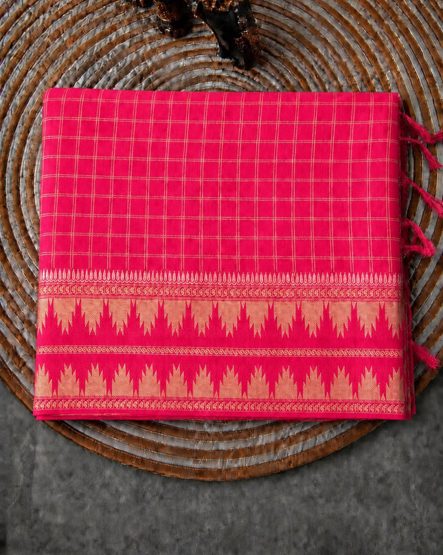 Green Silk Saree with Checks Design And Temple Design Border -Pink