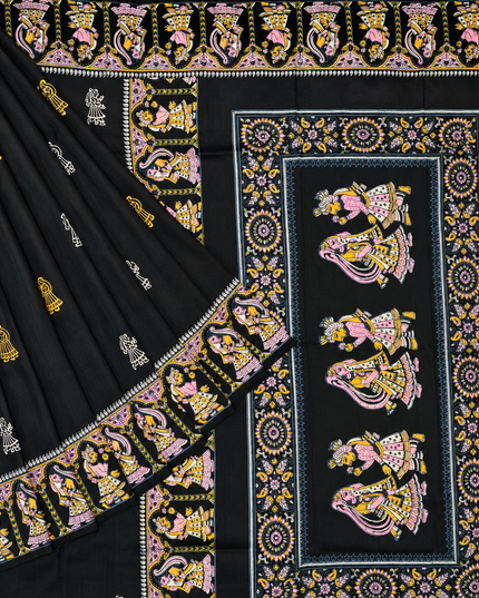 Pure Silk Saree With All Over Kalamkari Design With Borderless Saree  - Black