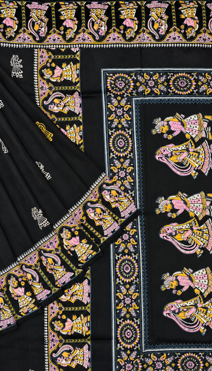 Pure Silk Saree With All Over Kalamkari Design With Borderless Saree  - Black