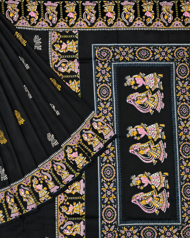 Pure Silk Saree With All Over Kalamkari Design With Borderless Saree  - Black