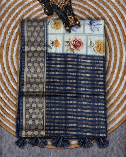 Crepe Saree with Allover Floral Print and Contrast Border- Light Blue