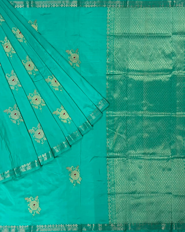 Kathan Silk Saree With All over Gold Zari Buttes and Golden Zari Weaving Border - Blue