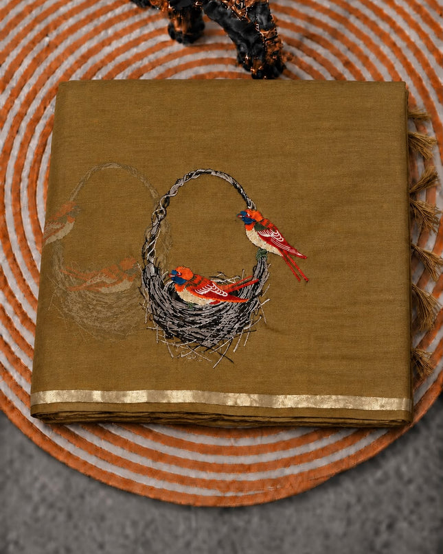 Mul Chanderi saree with thread embroidery Work and Small Border -  Tan
