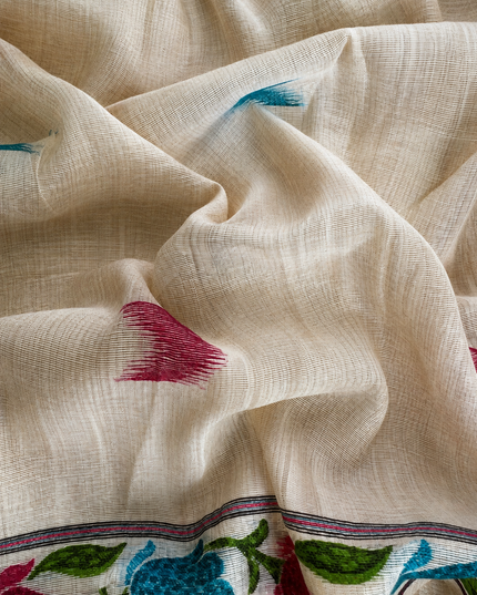 Cotton Chanderi  Jamdani Saree with Self Weaving Floral Design - Cream & Maroon