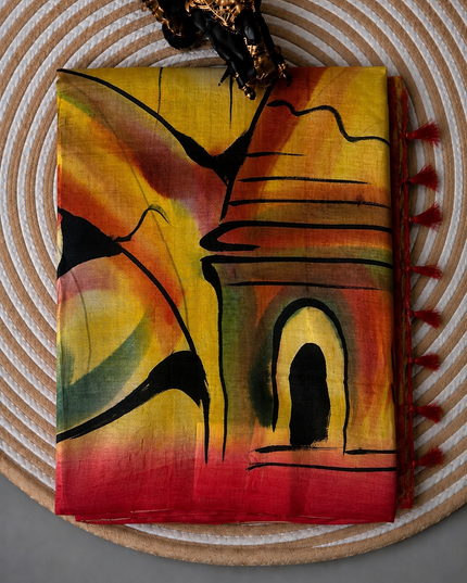 Pure Tusser  Silk Saree With All Over Hand Painting - Multi